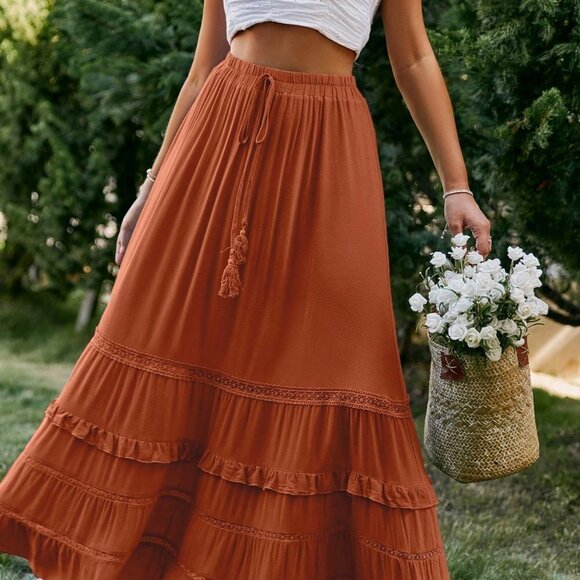 Red Boho Womens Tie Waist Ruffle Hem Skirt - Picture 4 of 5